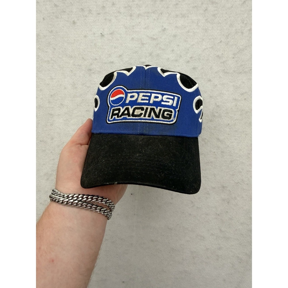 Vintage Pepsi Racing Embroidered Hat Blue Black NASCAR Flames 90s